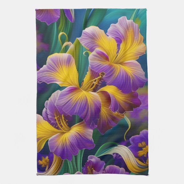 Iris Floral Purple and gold blue green leaves Tea Towel (Vertical)