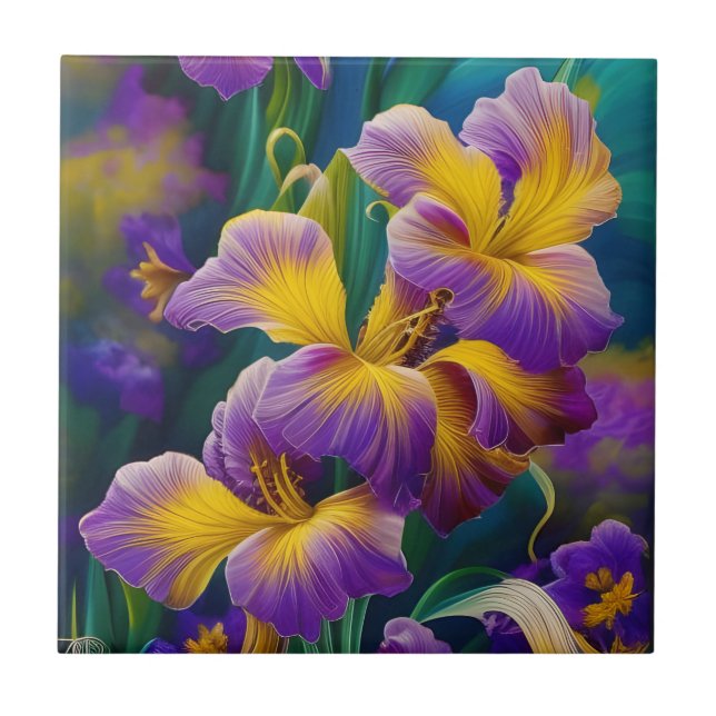 Iris Floral Purple and gold blue green leaves Tile (Front)