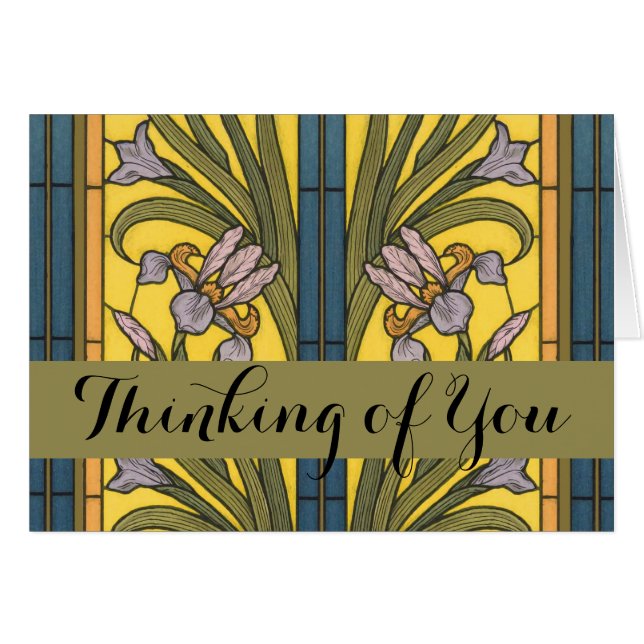 Iris Flower Art Nouveau Stained Glass Blue Gold (Front Horizontal)