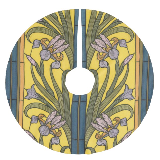 Iris Flower Art Nouveau Stained Glass Blue Gold Brushed Polyester Tree Skirt (Front)