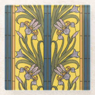 Iris Flower Art Nouveau Stained Glass Blue Gold Coaster
