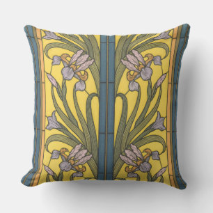 Iris Flower Art Nouveau Stained Glass Blue Gold Cushion