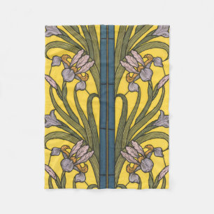 Iris Flower Art Nouveau Stained Glass Blue Gold Fleece Blanket
