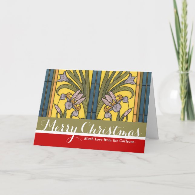 Iris Flower Art Nouveau Stained Glass Blue Gold Holiday Card (Front)