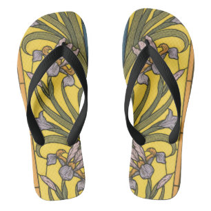 Iris Flower Art Nouveau Stained Glass Blue Gold Jandals
