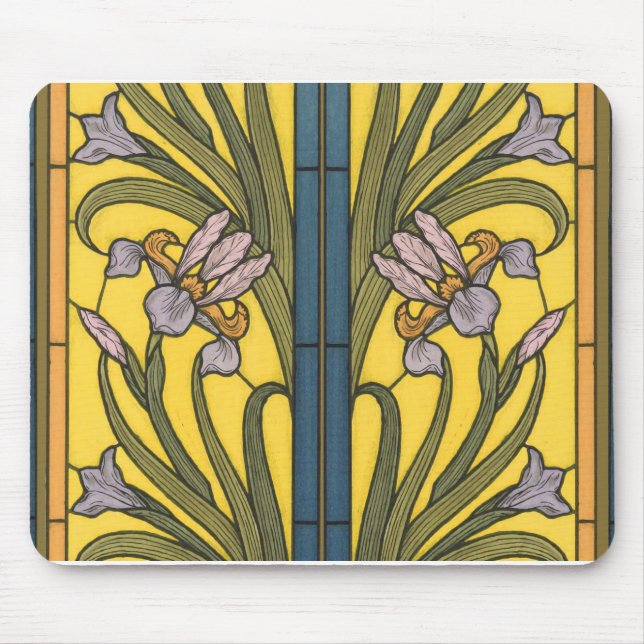 Iris Flower Art Nouveau Stained Glass Blue Gold Mouse Pad (Front)