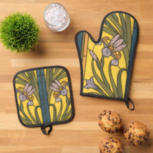 Iris Flower Art Nouveau Stained Glass Blue Gold Oven Mitt & Pot Holder Set