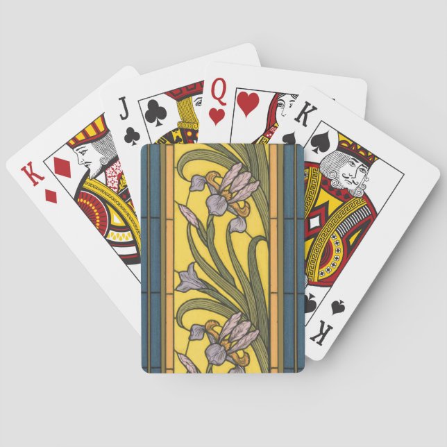 Iris Flower Art Nouveau Stained Glass Blue Gold Playing Cards (Back)