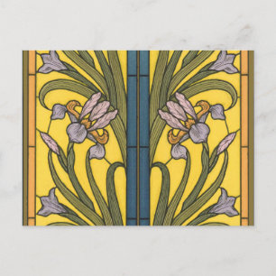 Iris Flower Art Nouveau Stained Glass Blue Gold Postcard