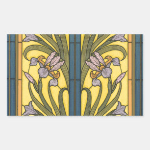 Iris Flower Art Nouveau Stained Glass Blue Gold Rectangular Sticker