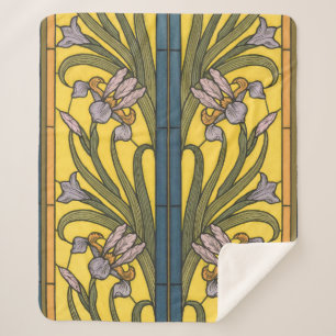 Iris Flower Art Nouveau Stained Glass Blue Gold Sherpa Blanket