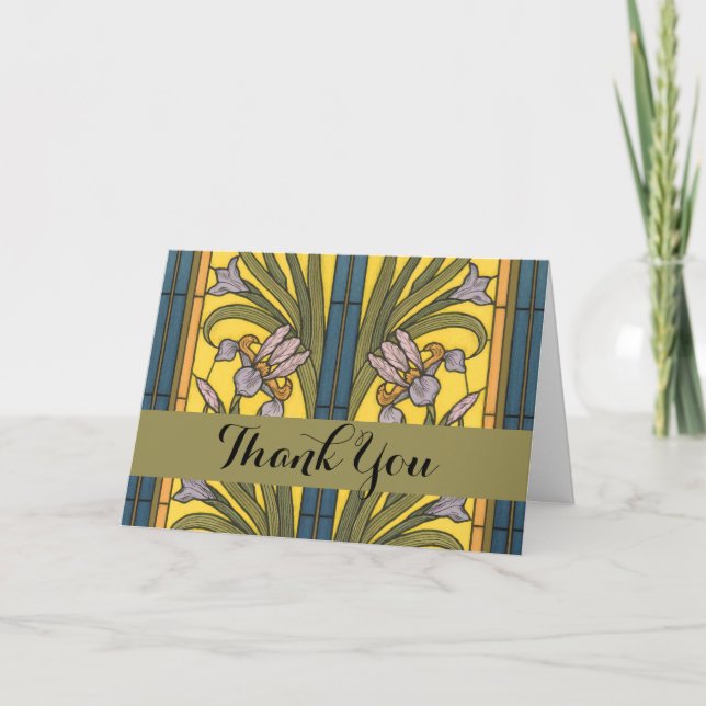 Iris Flower Art Nouveau Stained Glass Blue Gold Thank You Card (Front)