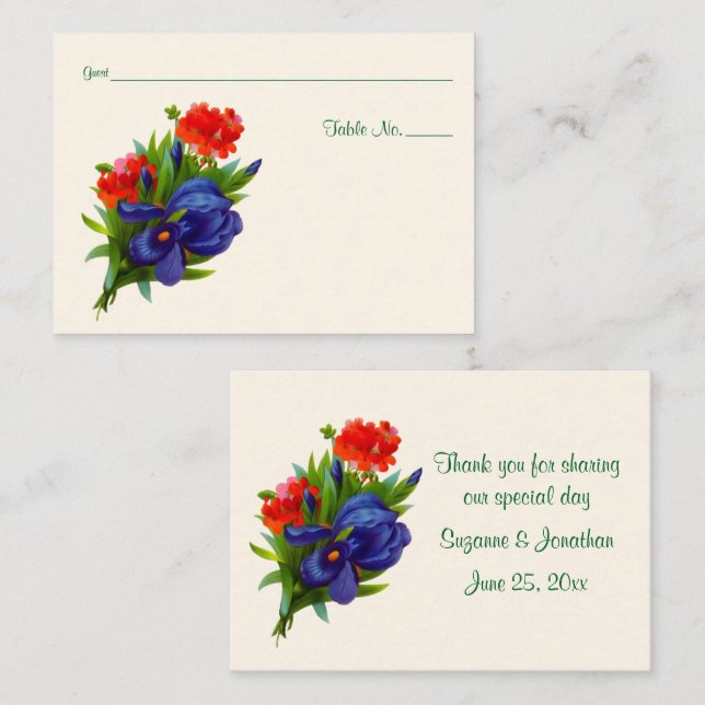 Iris Flower Bouquet Personalised Wedding  Place Card (Front/Back)