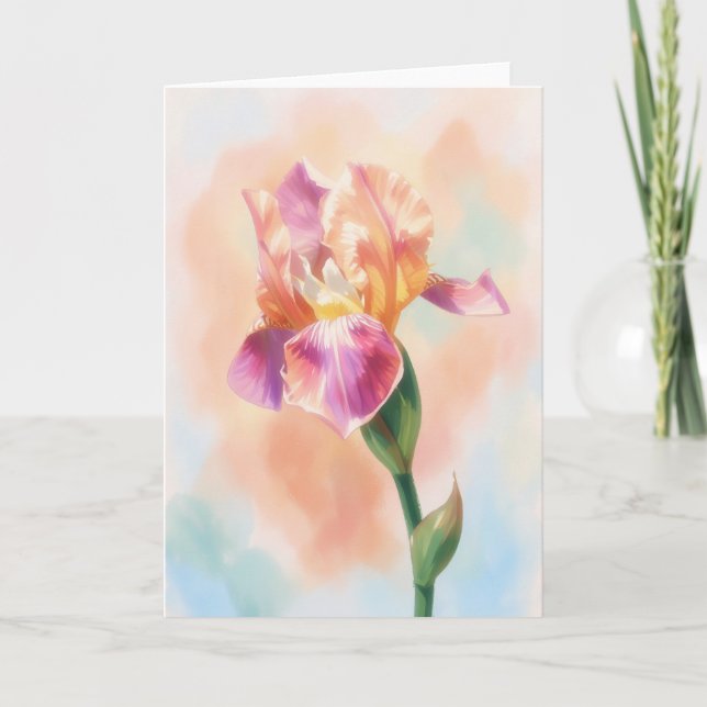 Iris Flower in Pink Watercolor Art Note Card (Front)