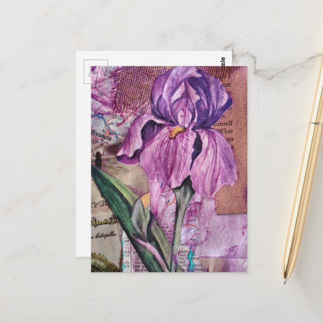 Iris Flower mixed media collage Postcard (Front/Back In Situ)