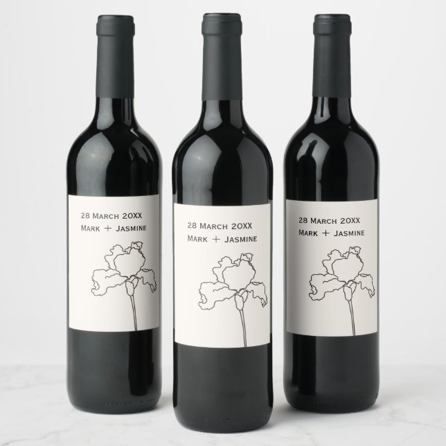 Iris flower personalise name and wedding date wine label (Bottles)