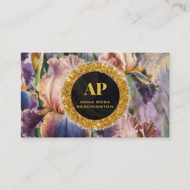 *~* iris Flowers Floral Glitter Gold Business Card (Front)