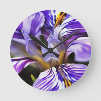 Iris In Violet Lilac and Purple Botanical Art Round Clock