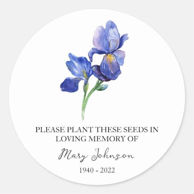 Iris Memorial Funeral Seed Packet Classic Round Sticker (Front)