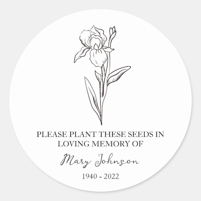 Iris Memorial Funeral Seed Packet Classic Round Sticker (Front)