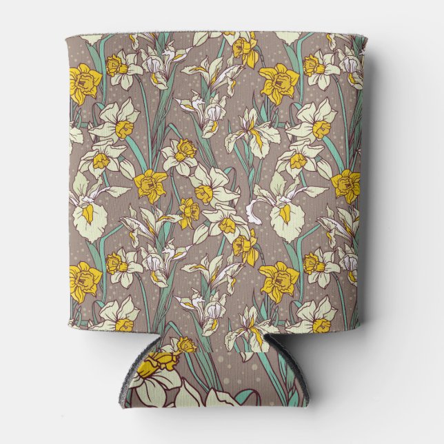 Iris Narcissus Flowers Vintage Seamless Can Cooler (Front)