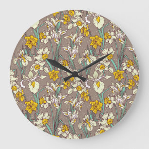 Iris Narcissus Flowers Vintage Seamless Large Clock