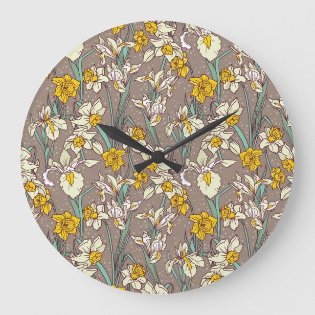 Iris Narcissus Flowers Vintage Seamless Large Clock (Front)