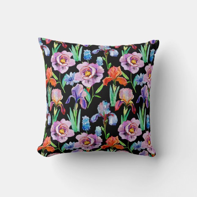Iris Peony Watercolor Floral Pattern Cushion (Front)