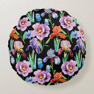 Iris Peony Watercolor Floral Pattern Round Cushion