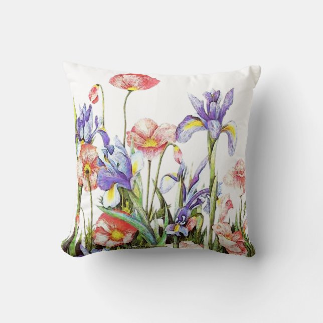Iris & Poppy Flowers Watercolor Floral Cushion (Front)
