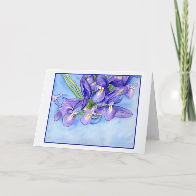 Iris Vase Blue Border Blank Greeting Card (Front)