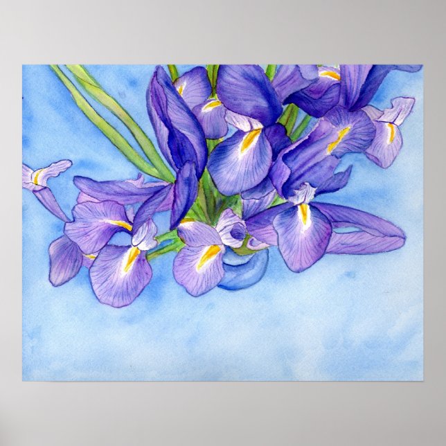 Iris Vase Watercolor Painting Art Poster Print (Front)