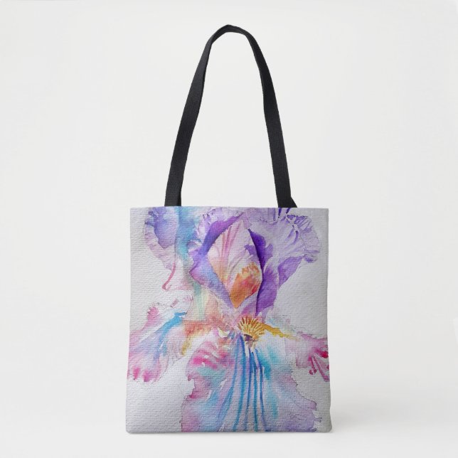 Iris Watercolor Purple Flower Floral Tote Bag (Front)