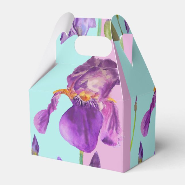 Iris Wedding Cake Favour Box Purple Aqua Flowers (Front Side)