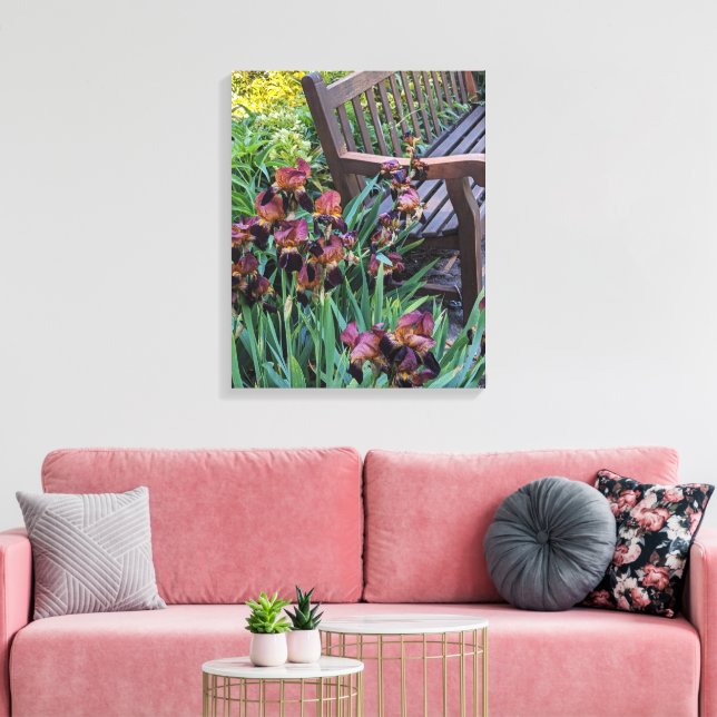 Irises Blooms and Garden Park Bench Floral Canvas Print (Insitu(LivingRoom))