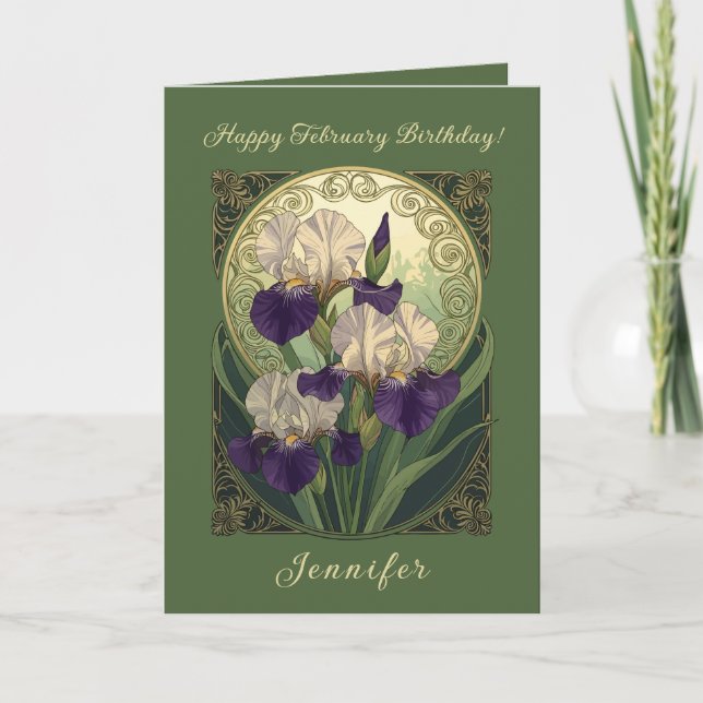 Irises February Birthday Flowers Art Nouveau Style Card (Front)