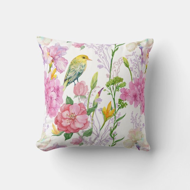 Irises, Hydrangeas, Bird, Greenery Floral Pillow (Front)