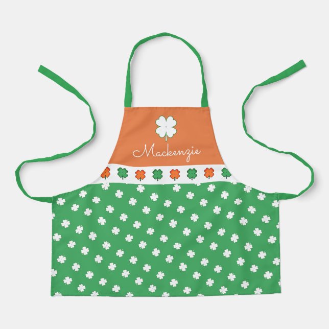 IRISH 4 Leaf Clover Pattern with YOUR  NAME Apron (Front)