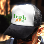 Irish AF Funny Trucker Hat<br><div class="desc">Funny but true..Irish AF typography in green and orange coloured fonts with small Celtic shamrock embellishment.</div>