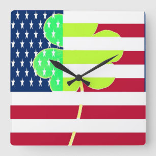 Irish American Flag Shamrock Clover St. Patrick Square Wall Clock