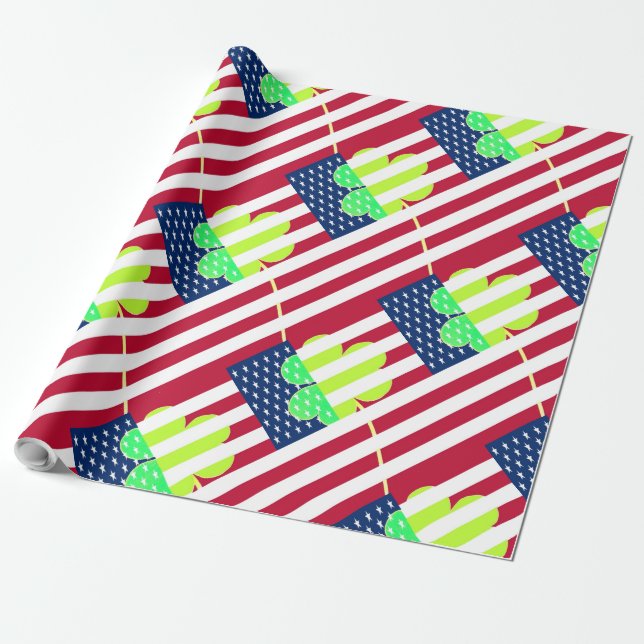 Irish American Flag Shamrock Clover St. Patrick Wrapping Paper (Unrolled)