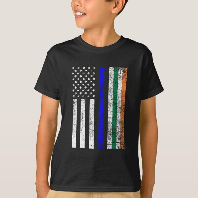 Irish American Flag Thin Blue Line Police St. Patr T-Shirt (Front)