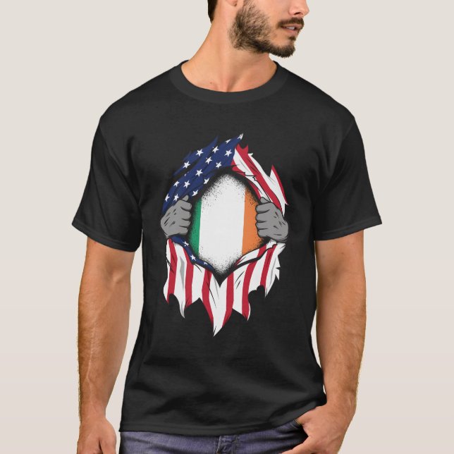 Irish American Flags Hands Ripping Flag on Chest T-Shirt (Front)