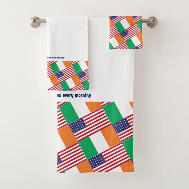 IRISH AMERICAN FLAGS Personalised Scripture WHITE Bath Towel Set (Insitu)