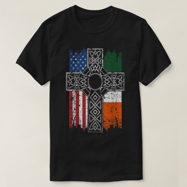 Irish American USA Flag Celtic Cross St Patrick's  T-Shirt (Design Front)