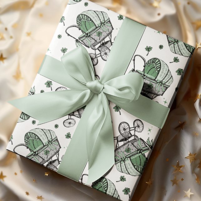 Irish Baby Carriage St Patrick's Day Baby Shower Wrapping Paper (Elegant Irish / St Patrick's Day Baby Shower Design. Irish Vintage Baby Carriage & Green Shamrocks.)