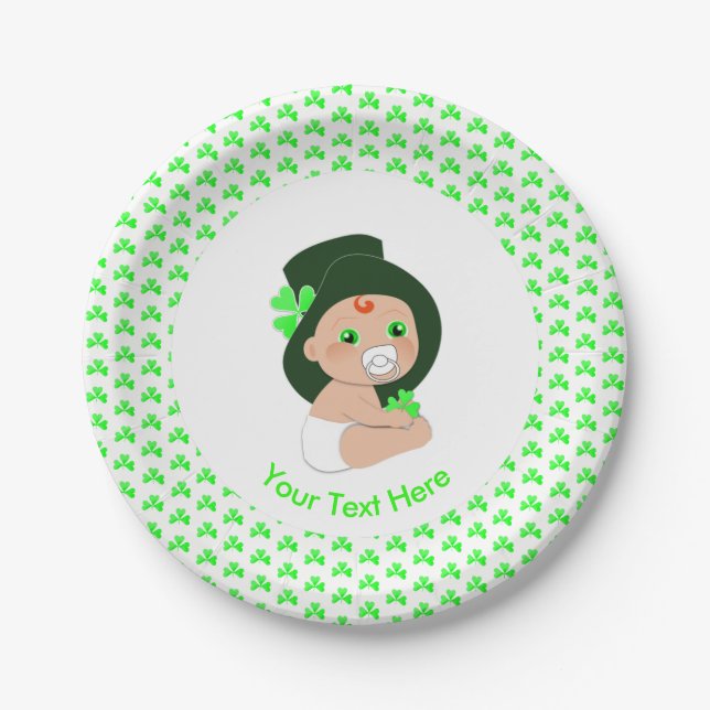 Irish Baby Leprechaun Lucky Shamrock Baby Shower Paper Plate (Front)