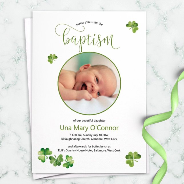 Irish Baby Photo Baptism With Green Shamrocks Thank You Card (Creator Uploaded)