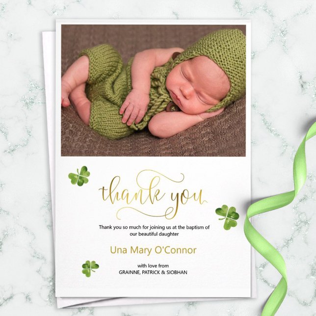 Irish Baby photo Thank You Card Gold Script (Creator Uploaded)