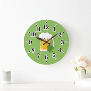 Irish Beer Mug with Shamrock Clover Large Clock